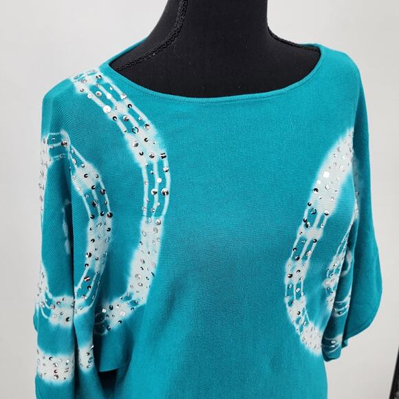 INC Blue and White w/Silver Sequin Short Draped Sleeve Sweater EUC Size S - Picture 2 of 8